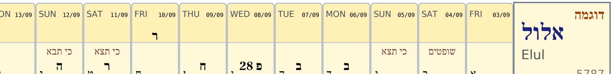 Close-up of the worked example row showing R for re'iyah, H for hefsek taharah, B for day 30 and day 31, and P 28 for haflagah