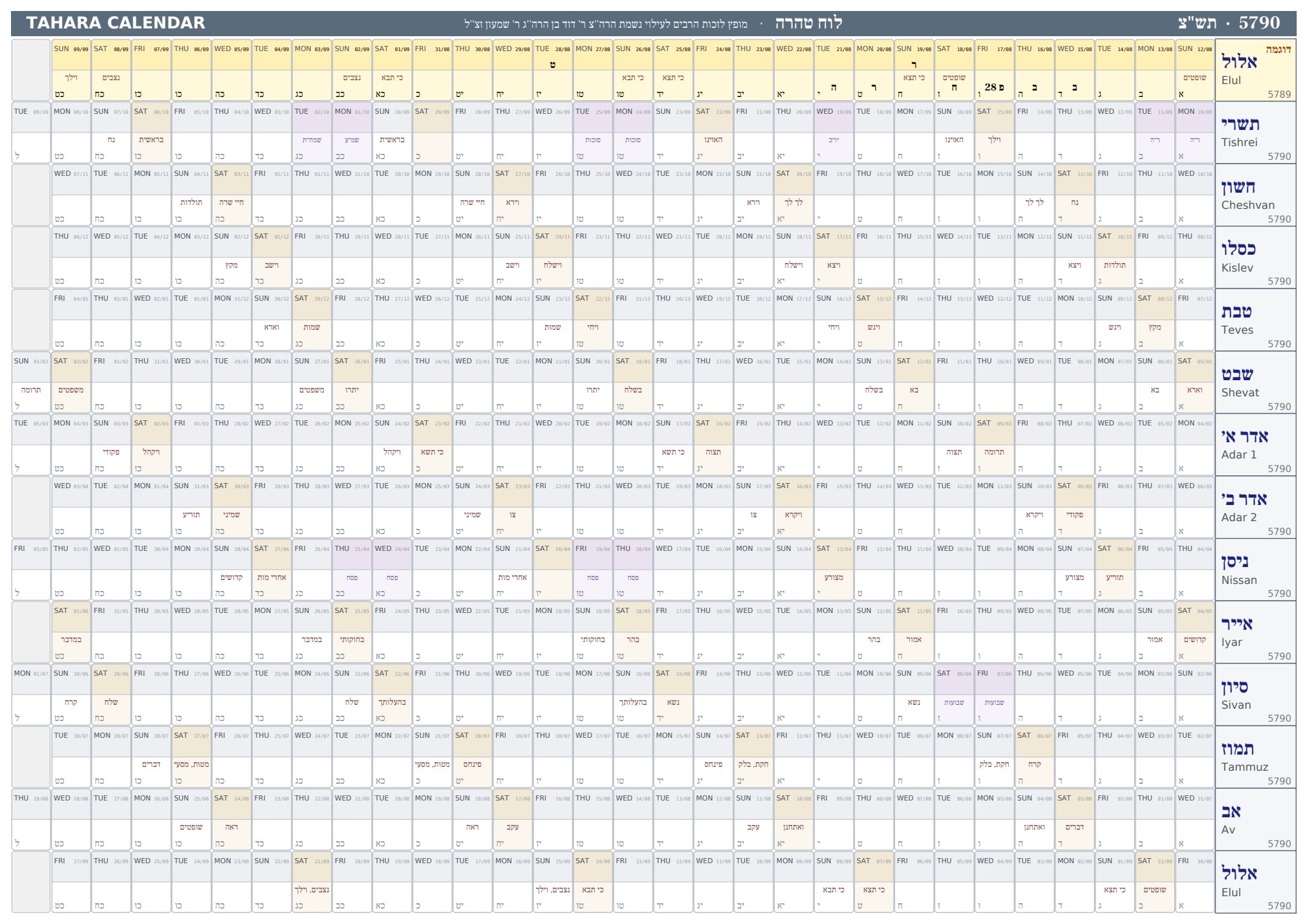 Printable taharas hamishpacha calendar for תש