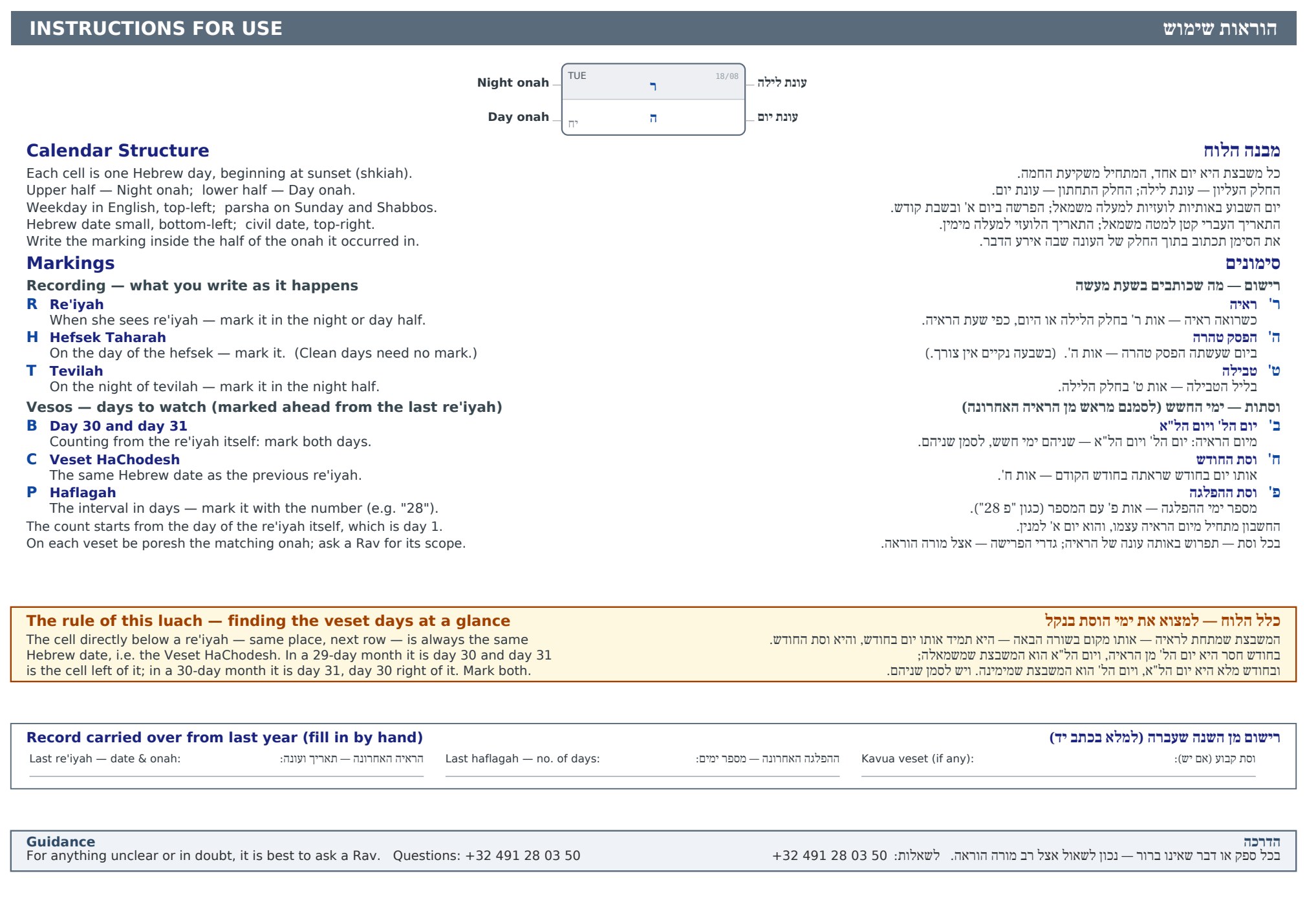 עמוד שני של לוח טהרה — ההוראות בלשון הקודש ובאנגלית